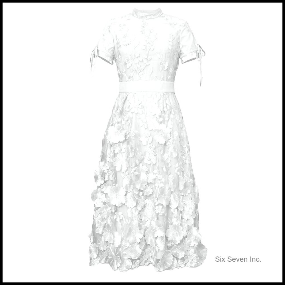 Short Sleeve Semi-Formal Dress With 3d Embroidery Applique, Polyester Lining